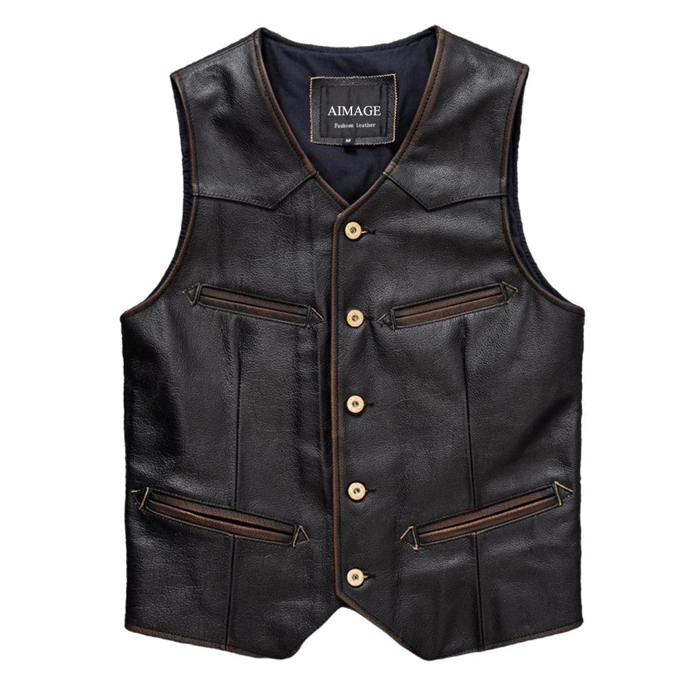 Gilet Biker en Cuir Marron Véritable Marron Homme