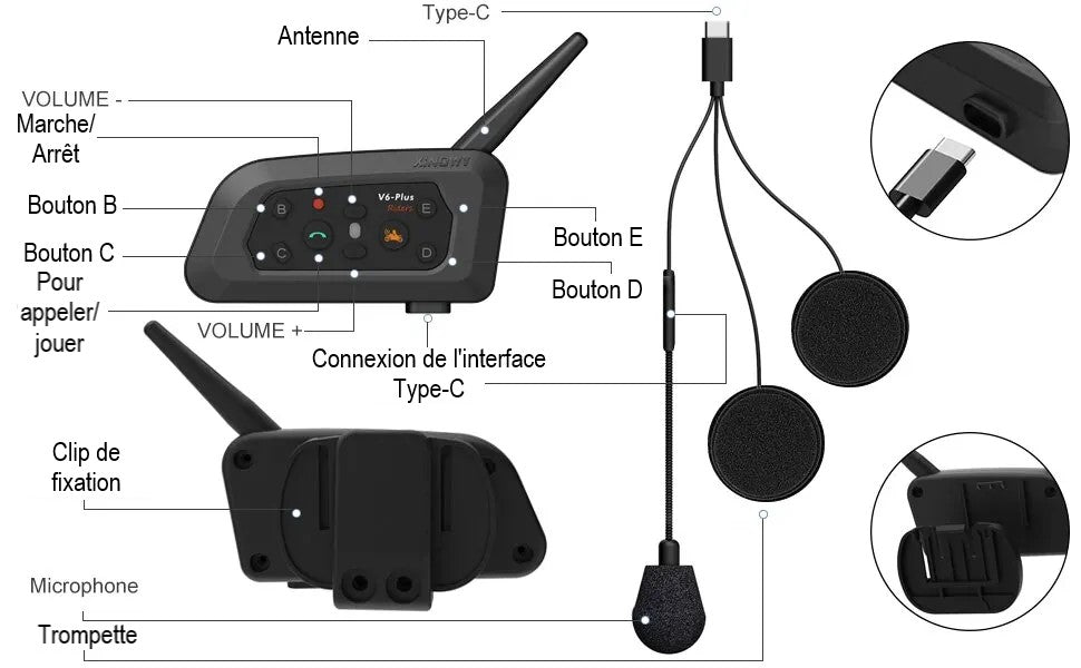Intercom Bluetooth Moto V6 Plus 1200M 6 Motards