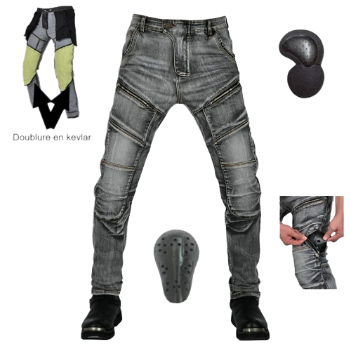 Pantalon en Jean de Moto Gris avec Doublure Kevlar