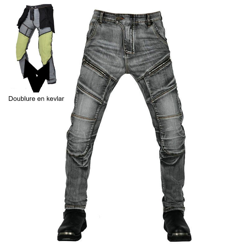 Pantalon en Jean de Moto Gris avec Doublure Kevlar