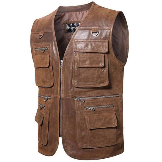 Gilet Cuir Biker Marron